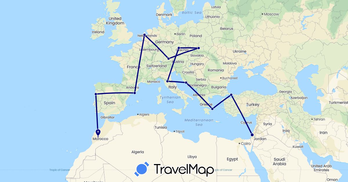 TravelMap itinerary: driving in Czech Republic, Germany, Spain, Greece, Croatia, Israel, Italy, Morocco, Netherlands, Poland, Portugal, Turkey (Africa, Asia, Europe)